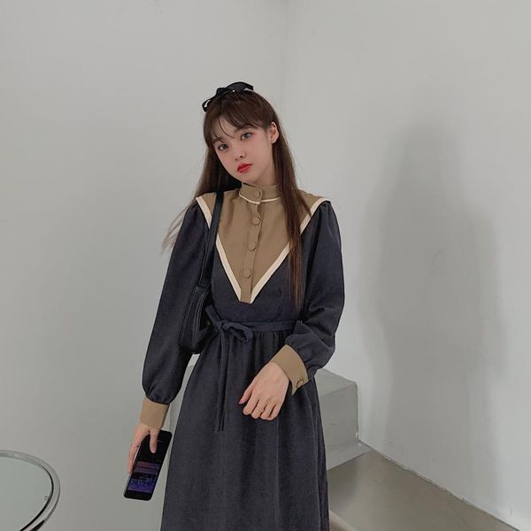 

casual dresses coigarsam 4xl plus size women dress belt stand neck high waist 9068, Black;gray