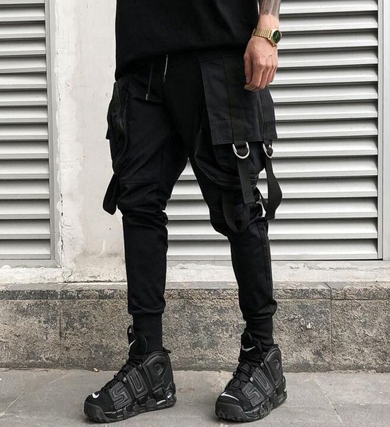 

men big pockets casual cargo pants male fashion hip hop punk harem jogger sweatpants black street wear trousers mid flat men's