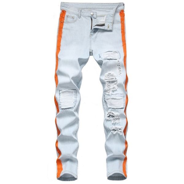 

men's denim casual tight jeans, black and white, hip hop, new fashion 2021, Blue
