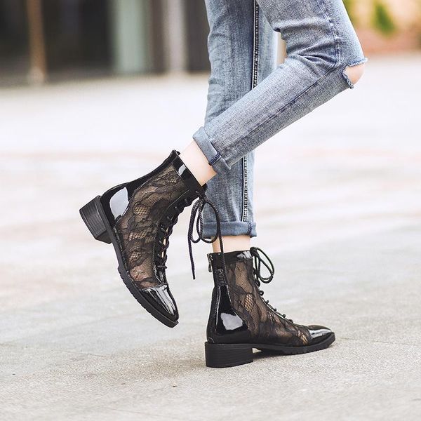 

boots thick heel hollow square autumn 2021 back zipper sandals bandage style boot girl, Black