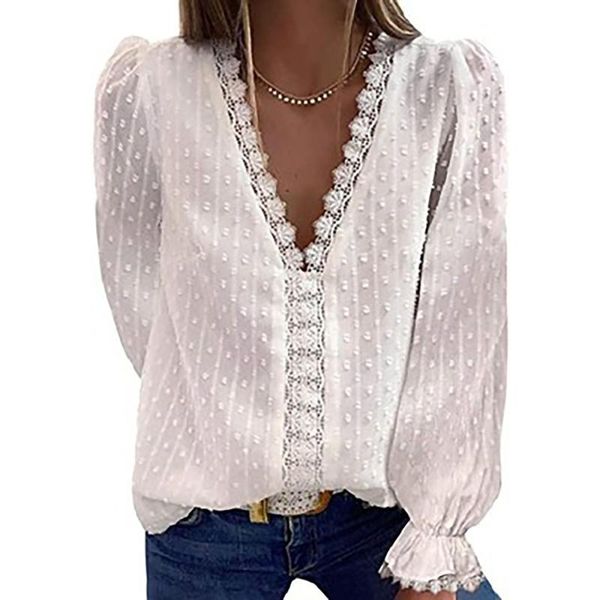 

women's blouses & shirts hollow out white floral lace women 2021 autumn long sleeved v-neck ruffles loose female causal office