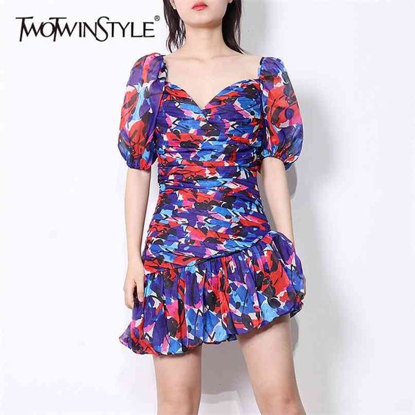 

vintage print dress for women square collar puff short sleeve tunic mini dresses female summer fashion stylish 210520, Black;gray