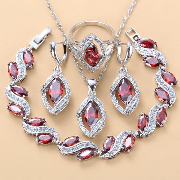 

jewelry sets dubai wedding aaa+ quality red garnet zircon silver color bracelet and ring women fashion accessories, Black