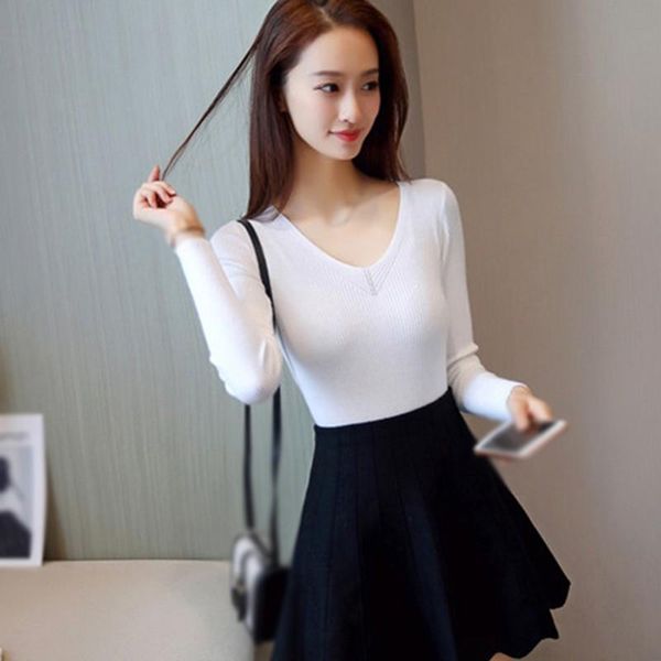 

women's sweaters autumn winter solid sweater women knitted long sleeve v-neck slim fit basic pullovers 2021, White;black