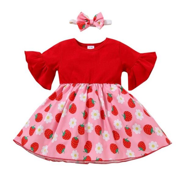 

pieces infant summer outfits baby girl fruit print flare sleeve round neck dress bowknot headband girl's dresses, Red;yellow