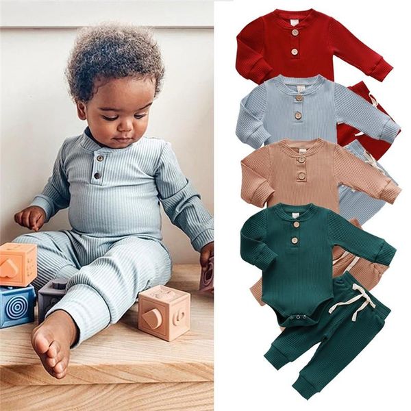

clothing sets infant born baby clothes girls boys spring autumn ribbed solid long sleeve bodysuits + elastic pants 2pcs, White