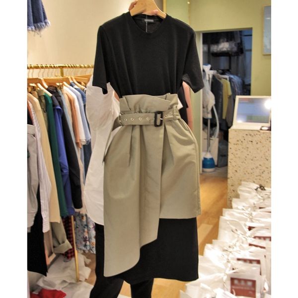 

spring summer slim two-piece medium and long o neck t-shirt sashes dresses women 210615, Black;gray
