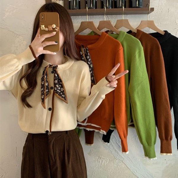 

women's knits & tees design sense color matching versatile sweater coat autumn and winter 2021 korean knitted cardigan fashion, White