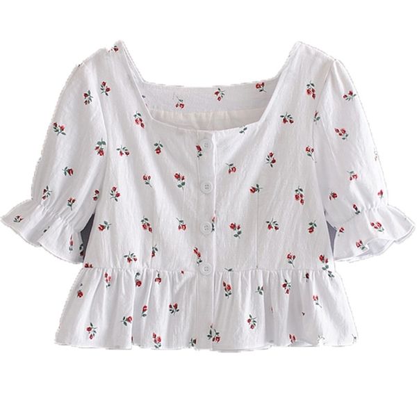 

women's button puff sleeve t-shirt elegant fashion square neck floral print cropped casual 210524, White
