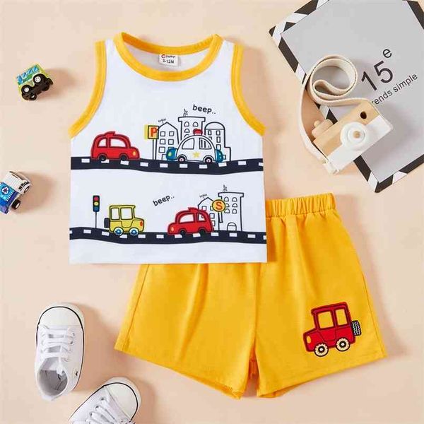 

summer 2pcs baby boy sleeveless casual vehicle baby's sets 210528, White