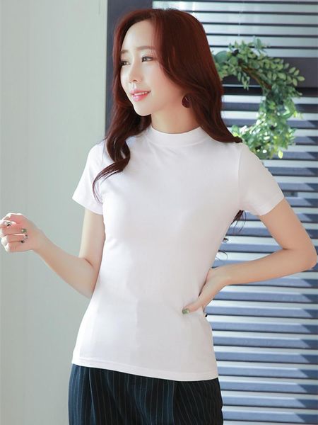 

women's t-shirt excellent quality cotton t shirt women solid half-turtleneck slim stretch comfy tees short sleeve female summer 2022, White