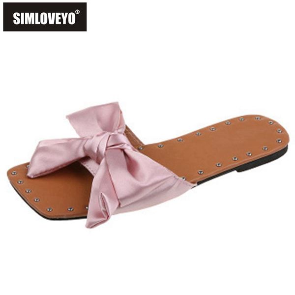 

women slippers open toe flat rivets bowtie stylish silk big size 36-43 outdoor beach summer pink b2393, Black