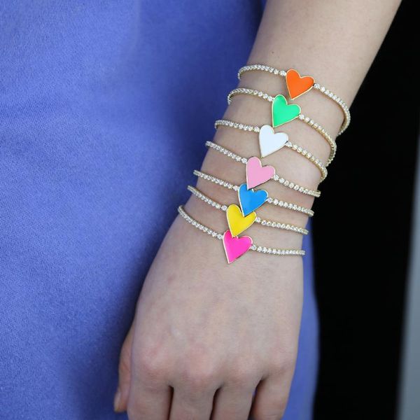 

link, chain gold color neon enamel heart bracelet 2mm cz tennis pink white red hearts charm bangle for lover women fashion jewelry, Black