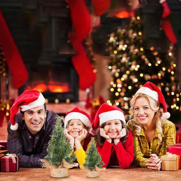 

christmas decorations decorated small tree cedar pine on sisal silk blue-green gold silver and red mini ornaments #2