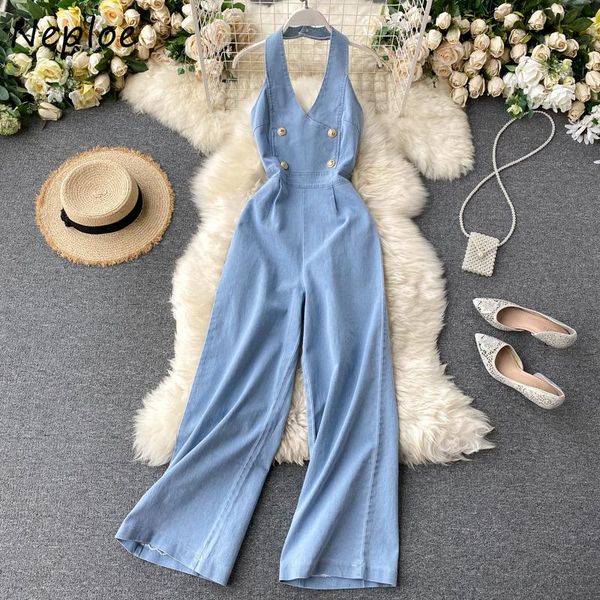 

women's jumpsuits & rompers neploe 2021 summer women jumbsuits euramerican style halter sleeveless backless high wasit wide leg jean bo, Black;white