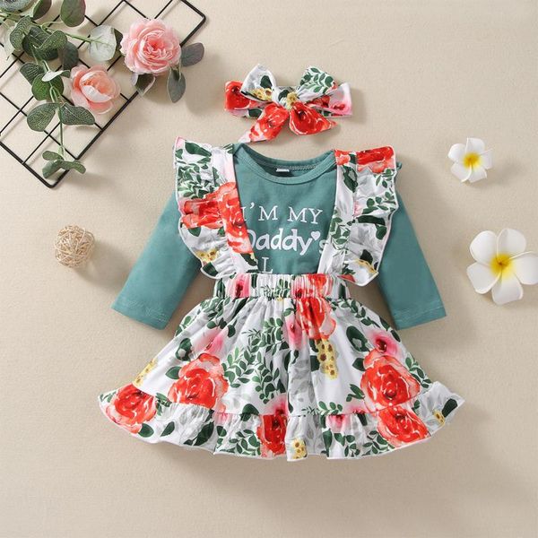 

clothing sets 3pcs baby girl\u2021s suit unique letter long sleeve romper and flower suspender skirt headband outfits clothes, White