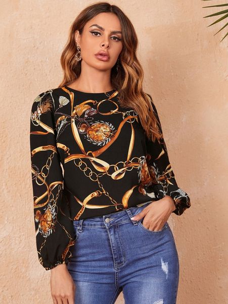 

chain print lantern sleeve j6km#, White