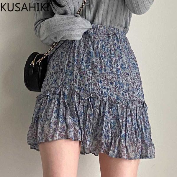 

kusahiki korean pleated floral mini skirt high waist a-line woman skirts summer elegant faldas mujer moda 6j658 210602, Black