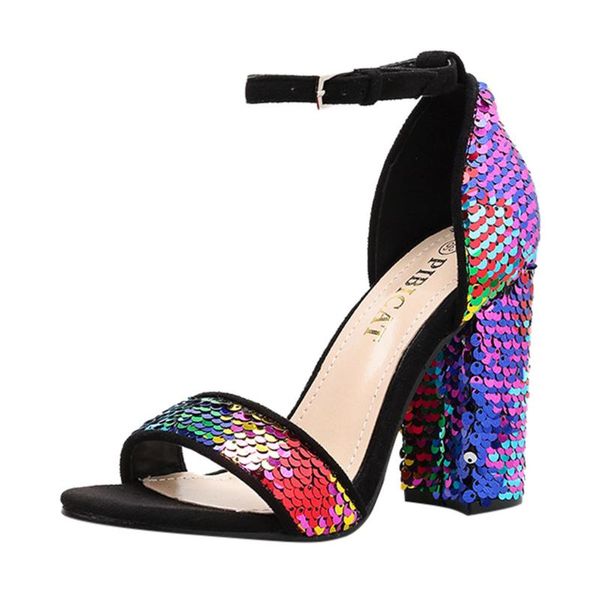 

fashion summer women sandals sequined chunky heel ladies open-toe ankle strap*3, Black