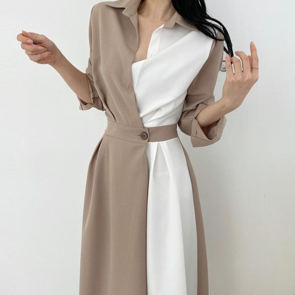

casual dresses [ewq] korea chic summer trend women lapel single button hit color stitching fashion simple shirt dress 2021 16e2025, Black;gray