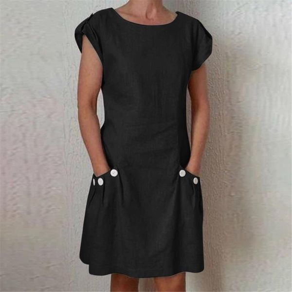 

casual dresses retro women mini dress with pocket solid color short sleeve round neck button female loose daliy comfy #t2g, Black;gray