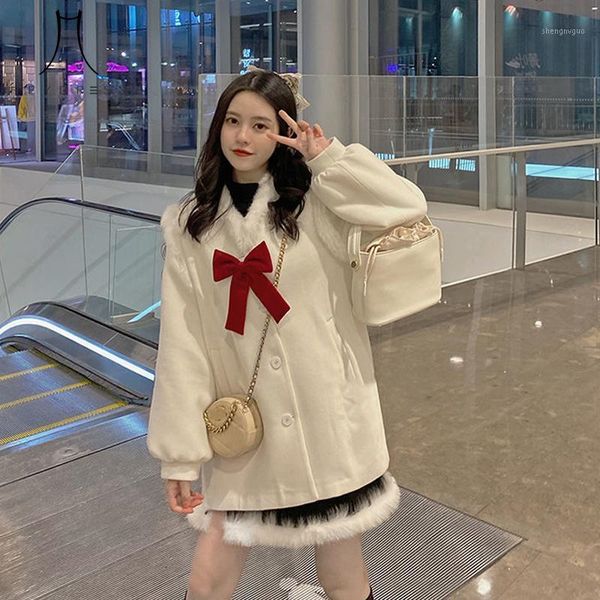 

women's wool & blends heydress 2021 women winter thick warm white woolen coats female japanese kawaii bow streetwear ladys preppy style, Black
