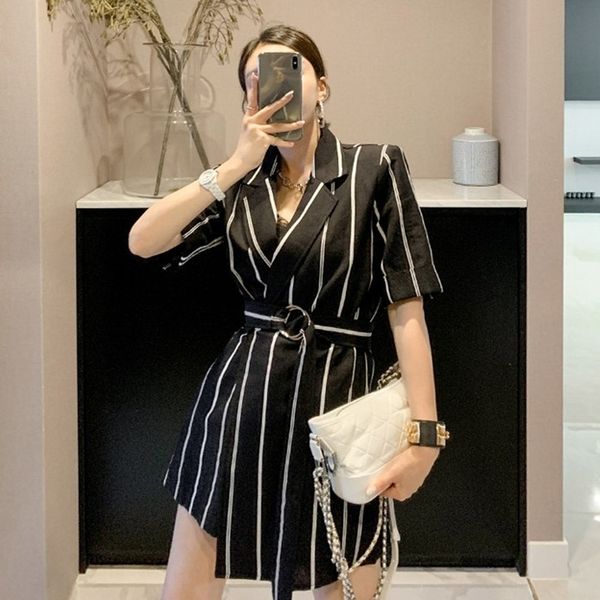 

zawfl elegant striped jumpsuit women romper lace up office ladies overalls notched collar sleeve shorts 210525, Black;white