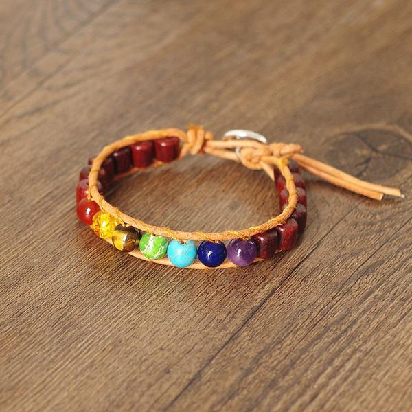 

charm bracelets 8mm tube wood beads stone single wrap women men boho leather bracelet 7 chakra yoga mala strand bangle, Golden;silver