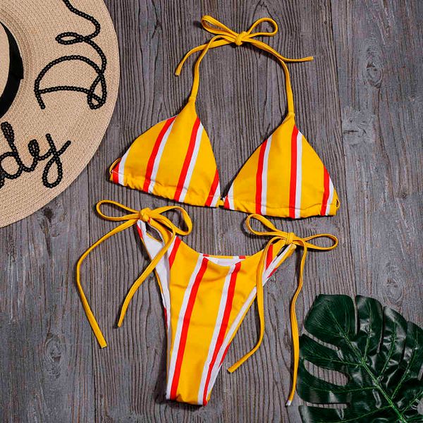 

striped print swimwear women micro brazilian bikini set bandage swimsuit bathing suit female summer halter beachwearb