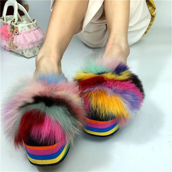 

slippers women's summer rainbow high heel fashion multicolour fur wedge sandals slides female beach flip flops, Black