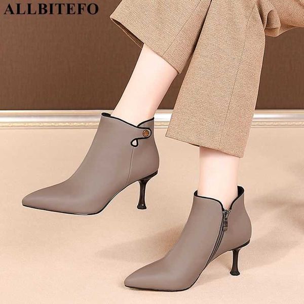 AlliteBoFo marca de moda alto saltos de couro genuíno botas de tornozelo para mulheres saltos finos Escritórios Sapatos de senhoras outono mulheres botas 210611