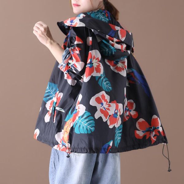 

women's trench coats female summer plus size korean style outerwear literary printing hooded sunscreen clothing loose, Tan;black