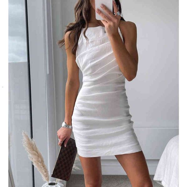 

open back solid color mini dress summer womens sleeveless hollow tight-fitting pleated holiday spaghetti strap dress, Black;gray