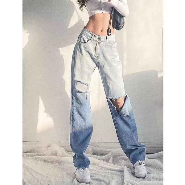 

women's jeans retro gradient baggy summer denim pants hole high waist plus size ulzzang vintage full length, Blue