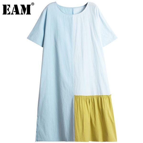 

party dresses [eam] women blue contrast color oversized midi dress round neck short sleeve loose fit fashion spring summer 2021 1de1297, White;black