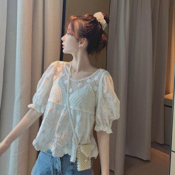 

women's blouses & shirts boho women white blouse lace hollow flowers a-line sweet travel holiday summer fashion young lady korean t