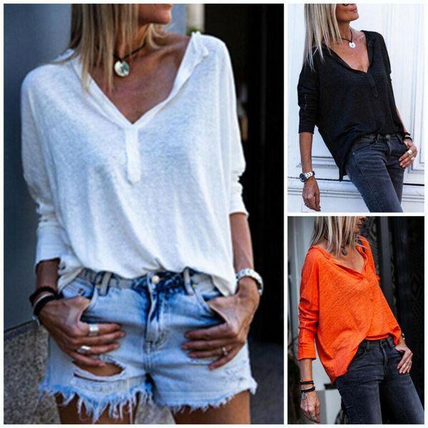 

women's t-shirt 2021 women autumn linen long sleeve v neck casual loose solid shirt, White