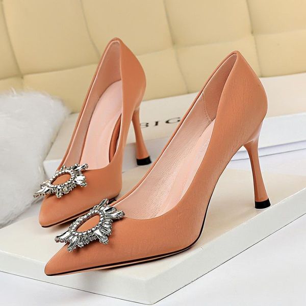

dress shoes women pointed toe high heels female metal crystal shallow pumps office lady workwear fashion, Black