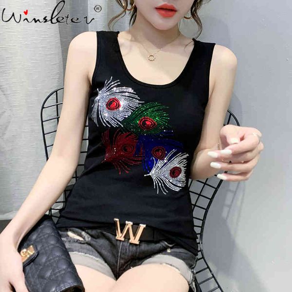 

women's tanks & camis summer korean clothes vest fashion o-neck shiny diamonds women all match sleeveless back bottoming, White