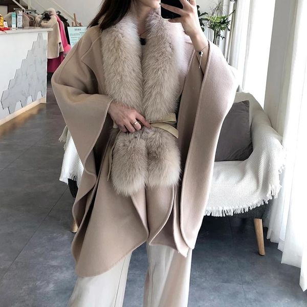 

women's fur & faux winter jackets 2021 luxury real wool oversize shawl fluffy collar with belt, Black