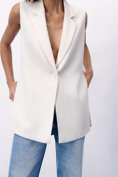 

women's vests european and american spring summer style commuter split solid color lapel casual vest, Black;white