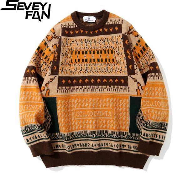 

men's sweaters seveyfan vintage patchwork jacquard streetwear loose cotton o neck kintwear hip hop pullover sweater for couples, White;black