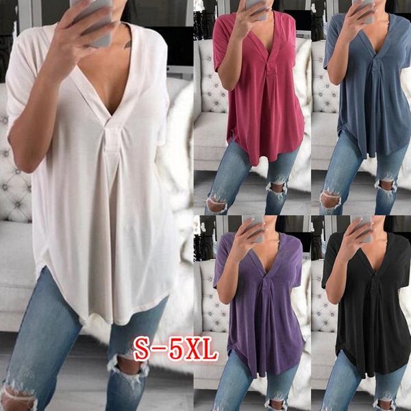 

women's t-shirt solid color t shirt tunic 5xl plus size vetement femme 2021 deep v neck shirred frilled casual women t-shirts cute, White