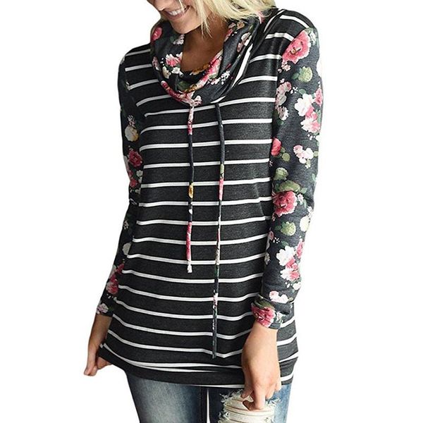 

women's hoodies & sweatshirts turtleneck print striped sweatshirt female pullover back pink flower floral womens 2021 autumn winter, Black