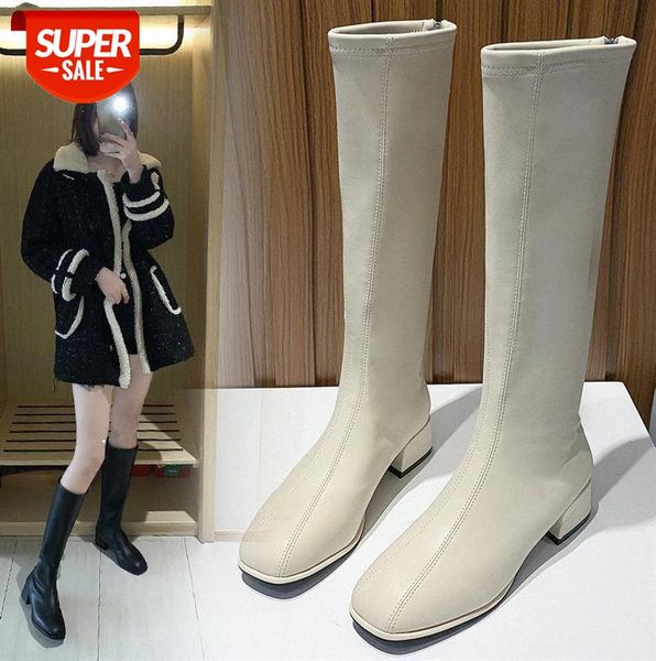 

white boots, square toe but knee thick heel high women's zipper women #pp4k