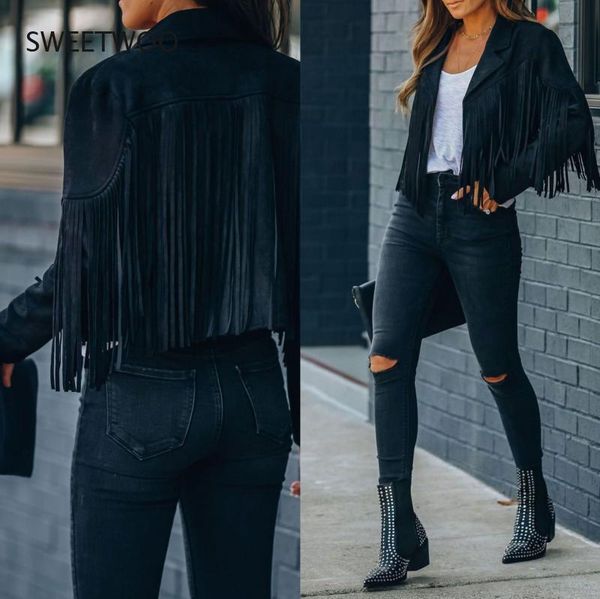 

women's jackets fringed bomber jacket women spring fashion long sleeve turn-down collar open stitch slim, Black;brown