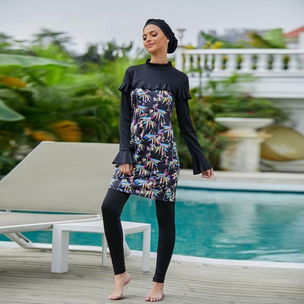 

ethnic clothing fashion conservative printed spot split three-piece swimsuit for women dubai middle east style islamic turkey muslim, Red