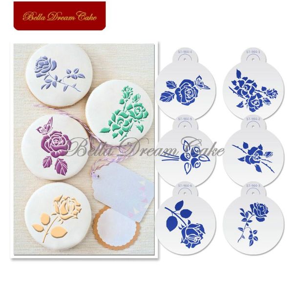 

baking moulds 6pcs/set rose flower cookies stencil design cupcake decorating mold wedding decoration fondant plastic template st-904