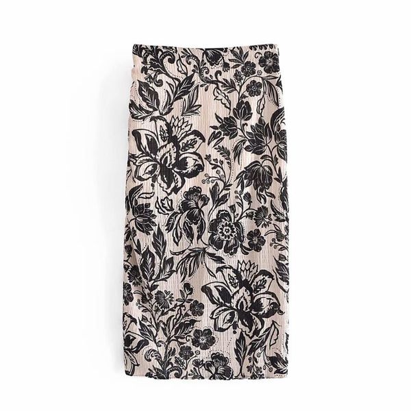 

retro floral skirt for women 2021 summer high waist chiffon mid-length vertical pleated skirts, Black