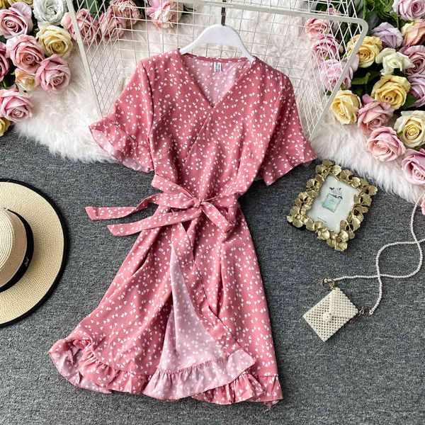 

two piece dress korean red elegant women summer beach v-neck print mini dress waist ruffles chffion vestidos i7bh, White
